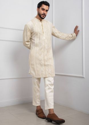 Off White Readymade Chanderi Kurta Pajama In Embroidery