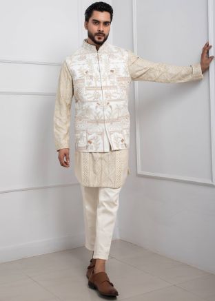 Off White Readymade Men Kurta Pajama With Nehru Jacket