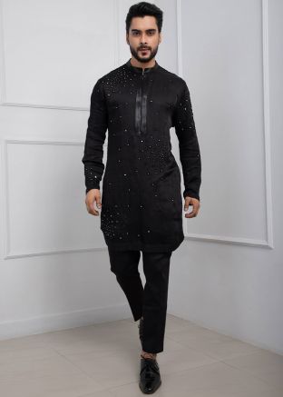 Black Readymade Embroidered Kurta Pajama In Silk