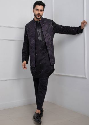 Black Readymade Silk  Kurta Pajama With Nehru Jacket