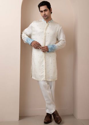 Off White Readymade Linen Kurta Pajama In Embroidery
