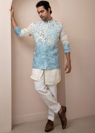 Shaded Off White Readymade Nehru Jacket With Kurta Pajama 