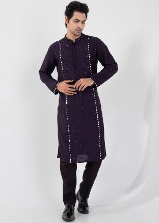 Purple Readymade Silk Kurta Pajama In Mirror Work