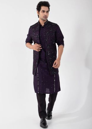 Purple Readymade Nehru Jacket With Kurta Pajama In Silk