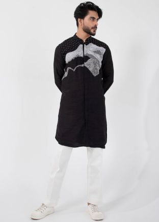 Black Readymade Embroidered Kurta Pajama In Cotton