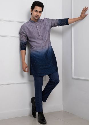 Shaded Blue Readymade Men Kurta Pajama In Silk