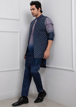 Shaded Blue Readymade Kurta Pajama With Nehru Jacket