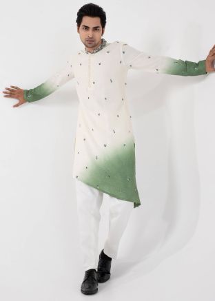 Shaded Green Readymade Men Kurta Pajama In Silk