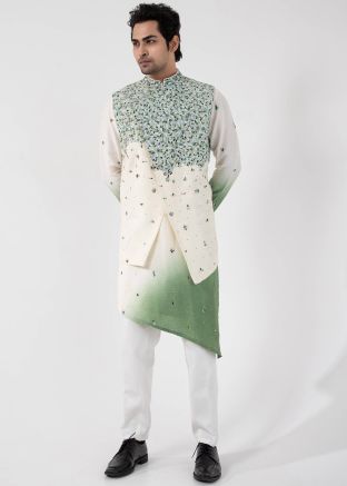 Shaded Green Readymade Men Kurta Pajama With Nehru Jacket