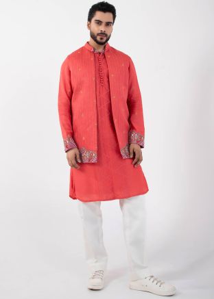 Orange Readymade Men Kurta Pajama With Nehru Jacket