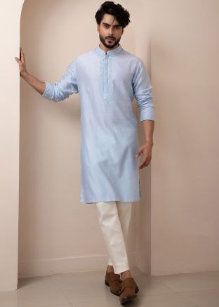 Stone Blue Readymade Men Kurta Pajama In Chanderi