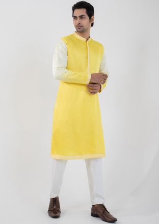 Shaded Yellow Readymade Men Kurta Pajama In Linen