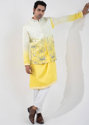 Shaded Yellow Readymade Kurta Pajama With Nehru Jacket 