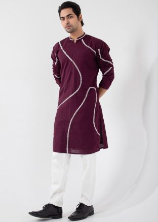 Maroon Readymade Embroidered Men Kurta Pajama In Cotton