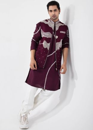 Maroon Readymade Cotton Kurta Pajama With Nehru Jacket 