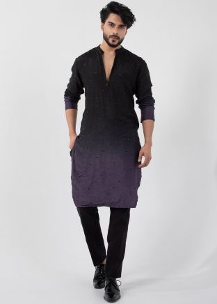 Shaded Black Readymade Embroidered Kurta Pajama In Silk