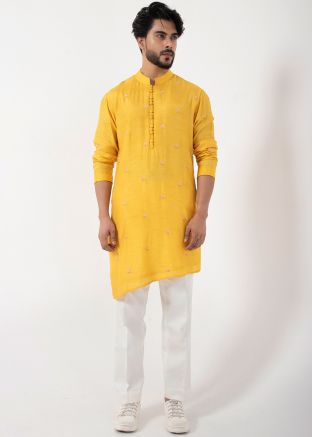 Yellow Readymade Embroidered Men Silk Kurta Pajama