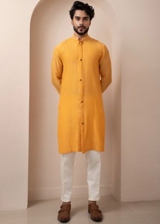 Yellow Readymade Embroidered Kurta Pajama In Chanderi