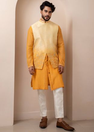 Yellow Readymade Chanderi Kurta Pajama With Nehru Jacket 