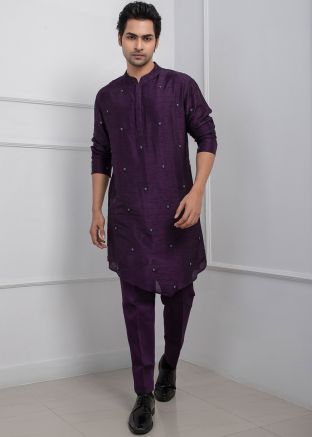 Purple Readymade Embroidered Kurta Pajama In Silk