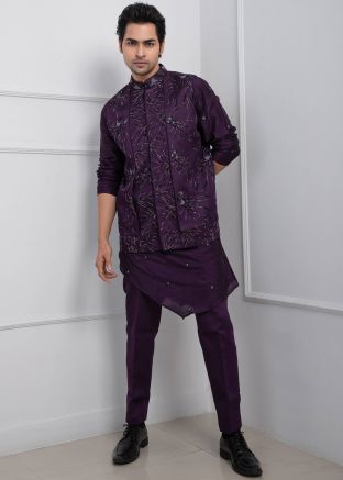 Purple Readymade Nehru Jacket With Kurta Pajama In Silk