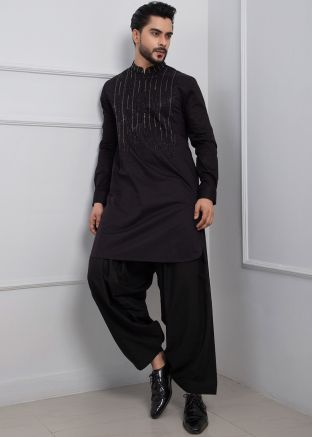 Black Readymade Embroidered Kurta Pajama In Silk