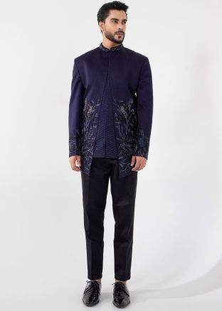 Blue Readymade Linen Men Bandhgala Jodhpuri Suit