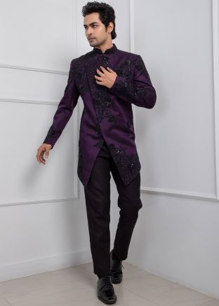 Purple Readymade Men Bandhgala Jodhpuri Suit In Linen