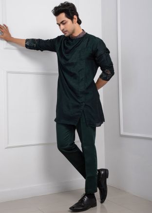 Green Cowl Style Silk Men Readymade Kurta Pajama