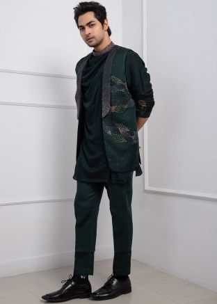 Green Cowl Style Readymade Kurta Pajama With Jacket