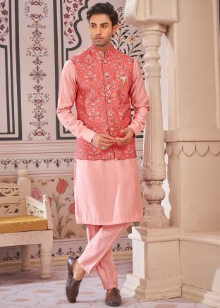 Pink Men Kurta Pajama With Printed Nehru Jacket