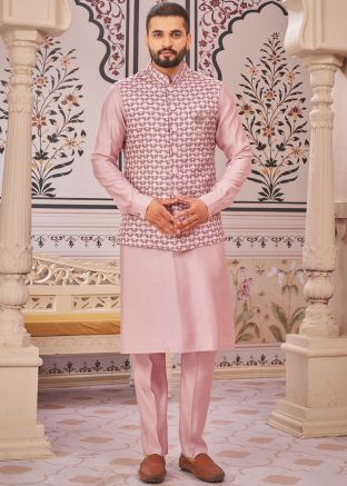 Mauve Pink Kurta Pajama With Printed Nehru Jacket