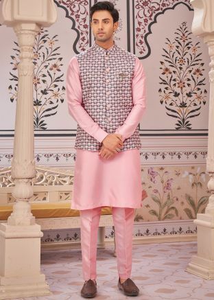 Pink Kurta Pajama With Printed Nehru Jacket