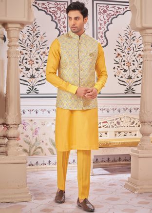 Yellow Kurta Pajama With Embroidered Nehru Jacket