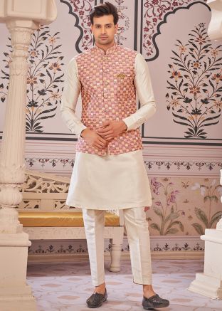 Cream Kurta Pajama With Printed Pink Nehru Jacket