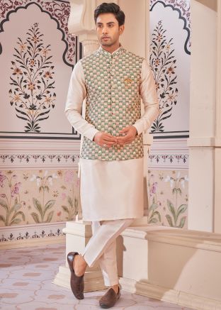 Cream Kurta Pajama With Printed Green Nehru Jacket