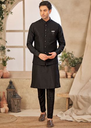 Black Men Kurta Pajama With Embellished Nehru Jacket