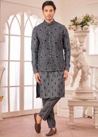 Grey Men Embroidered Kurta Pajama With Nehru Jacket