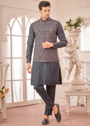 Dark Grey Kurta Pajama With Embroidered Nehru Jacket