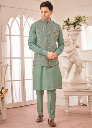 Green Kurta Pajama With Embroidered Nehru Jacket