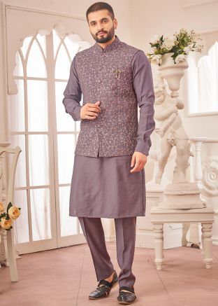 Purple Readymade Kurta Pajama With Embroidered Nehru Jacket