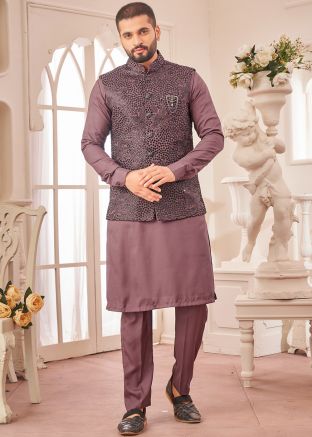 Wine Kurta Pajama With Embellished Nehru Jacket