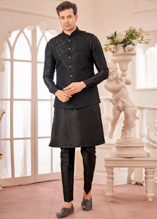 Black Kurta Pajama With Embellished Nehru Jacket