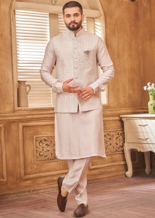 Kurta Pajama With Embroidered Nehru Jacket In Light Peach