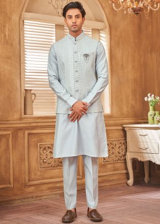 Kurta Pajama With Embellished Nehru Jacket In Sky Blue