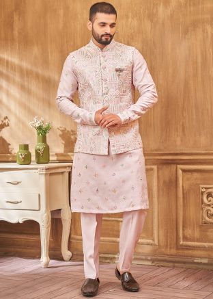 Embroidered Kurta Pajama With Nehru Jacket In Pink