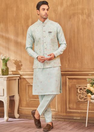 Embroidered Kurta Pajama With Nehru Jacket In Sky Blue