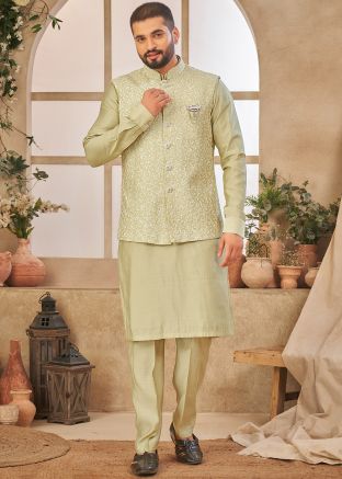 Kurta Pajama With Embroidered Nehru Jacket In Green