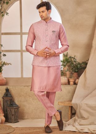Mauve Pink Kurta Pajama With Embroidered Nehru Jacket