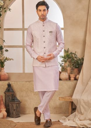 Light Pink Kurta Pajama With Embroidered Nehru Jacket